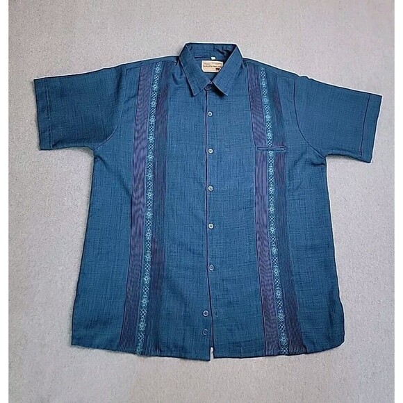 Guayaberass Shirt Mens 40 Button Dark Blue Teal Textured Embroidered Cigar - Picture 1 of 11